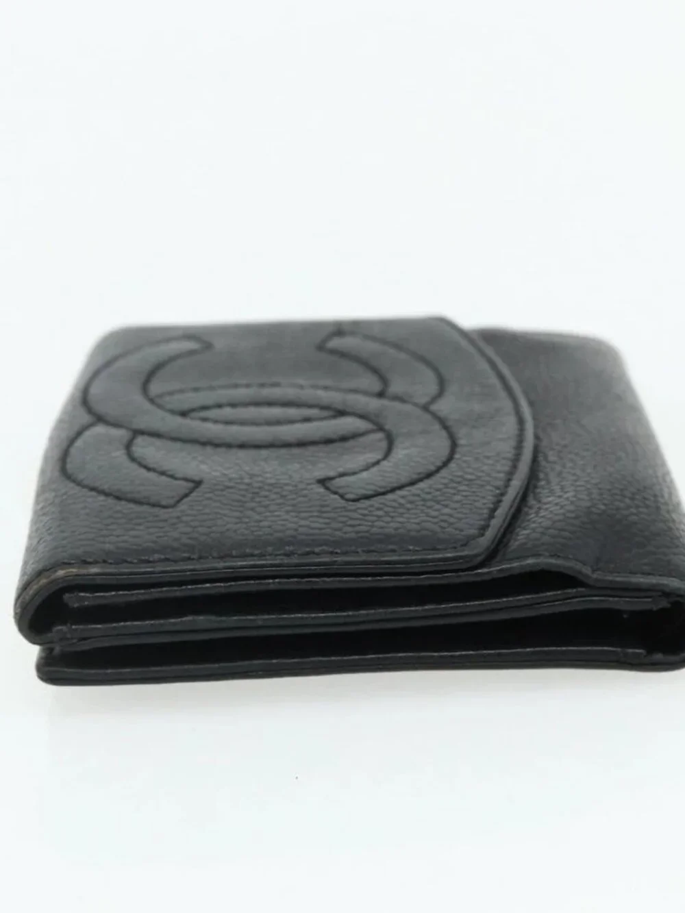 CHANEL Bifold Wallet Grained Calf Skin Black Gold CC Auth bs34761